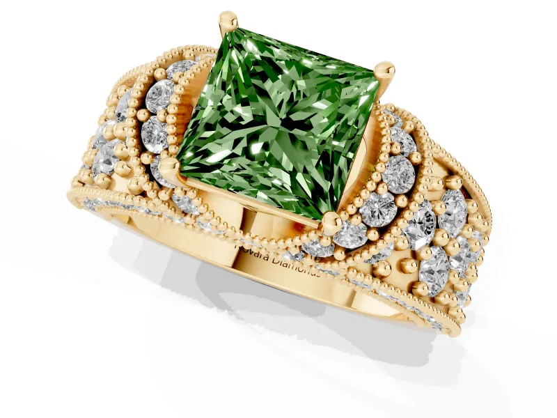 Princess Cut Vintage Pave Engagement Ring Setting for a Fancy Green Lab-Grown Diamond | Milgrain Edges | Yellow Gold