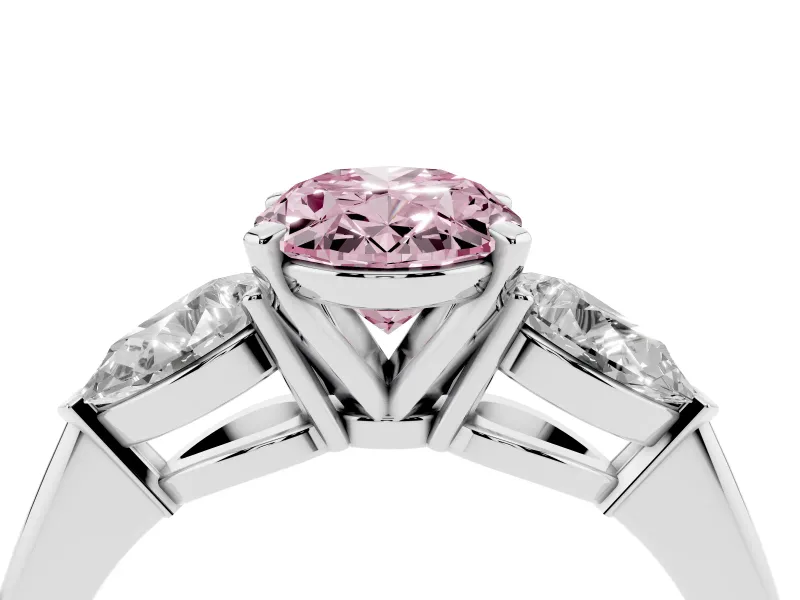 Fancy Pink Three-Stone Oval Cut Diamond Ring Set in Silver with Pear Side Stones and Prong Setting