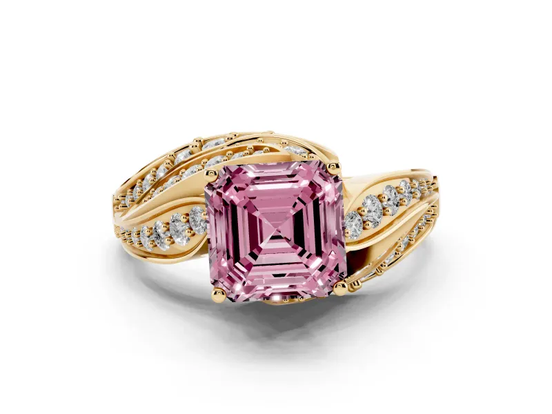 Fancy Pink Asscher Cut Diamond Solitaire Ring Set in Yellow gold with Layered Twist Pavé Band