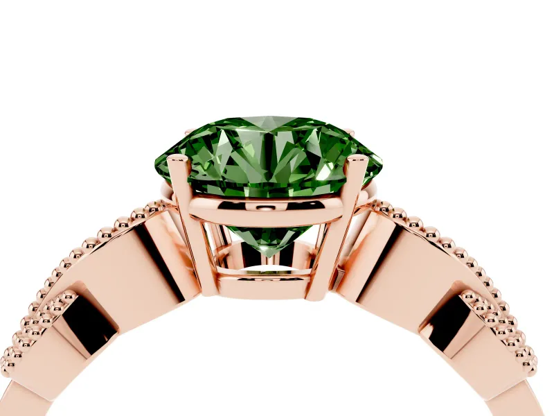 Fancy Green Round Cut Diamond Milgrain Leaf Band Solitaire Ring Set in Rose gold with Accent Stones and Prong Setting