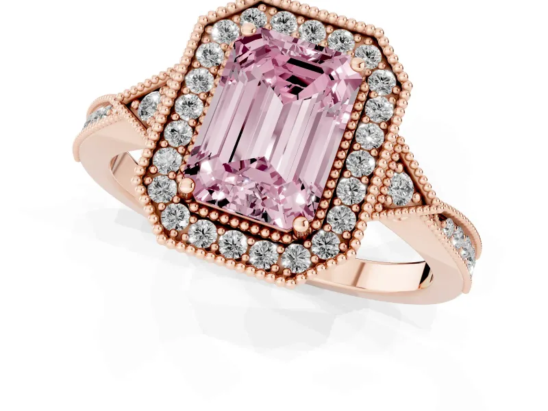 Fancy Pink Emerald Cut Diamond Halo Engagement Ring Set in Rose gold with Milgrain Pavé Band