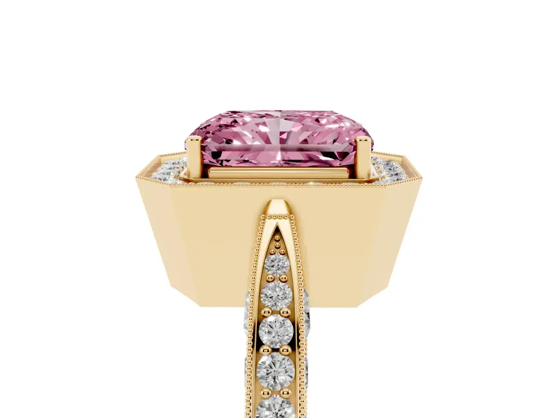 Radiant Cut Milgrain Halo Engagement Ring Setting for a Fancy Pink Lab-Grown Diamond | Side Stones | Yellow Gold