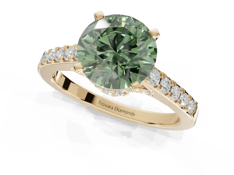 Round Pavé Solitaire Engagement Ring Setting for a Fancy Green Lab-Grown Diamond | Crossover Gallery | Yellow Gold