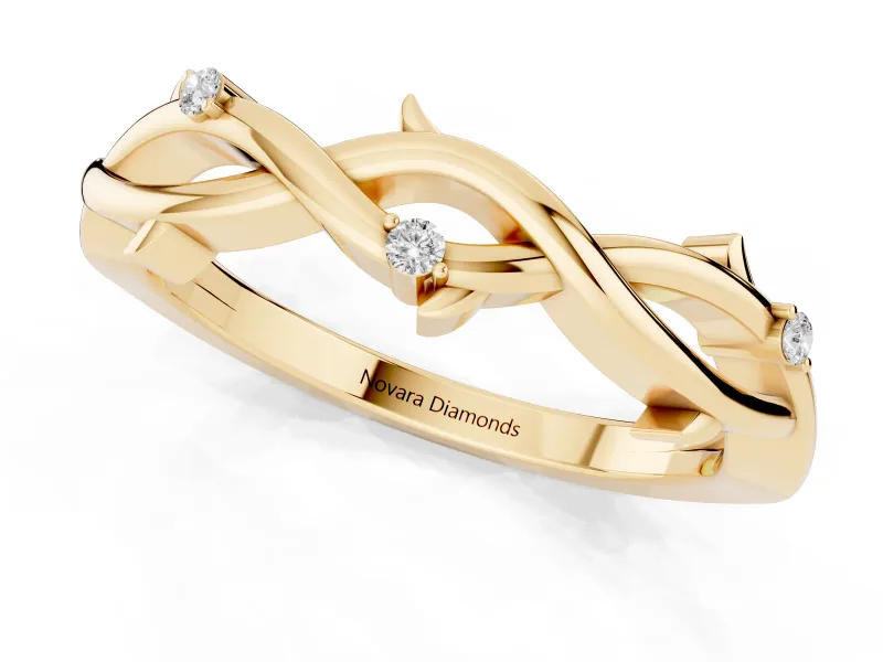 Round Lab-Grown Diamond Prong Set Twisted Wedding Band | Thorned Vine Strands | Yellow Gold