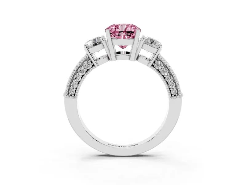 Fancy Pink Cushion Cut Diamond Three-Stone Ring Set in White gold with Round Side Stones and Pavé Band
