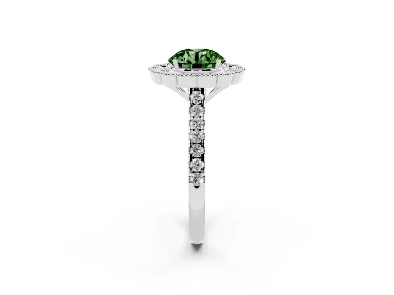 Fancy Green Round Cut Diamond Milgrain Floral Halo Engagement Ring Set in White gold with Pavé Band
