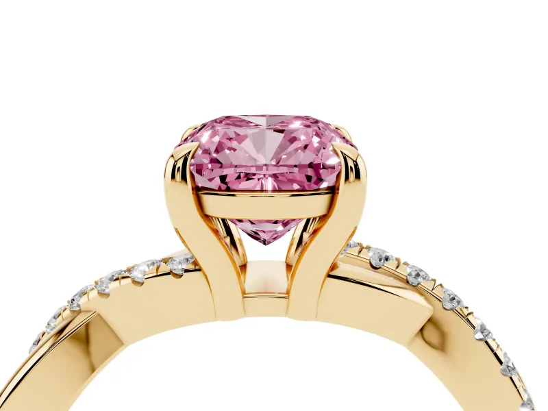 Fancy Pink Cushion Cut Diamond Twist Band Solitaire Set in Yellow gold with Pavé Accents and Prong Setting