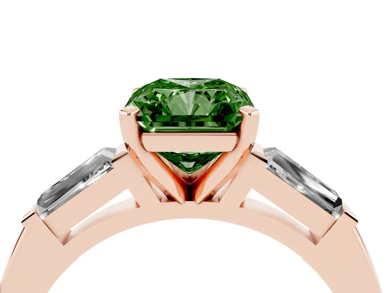 Radiant Cut Three Stone Engagement Ring Setting for a Fancy Green Lab-Grown Diamond | Tapered Baguettes | Rose Gold
