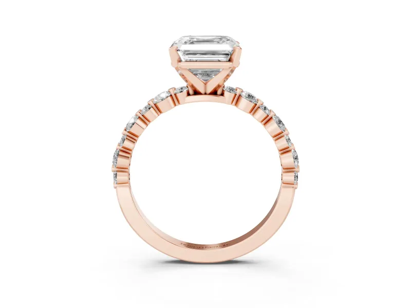 Asscher Cut Diamond Prong Set Engagement Ring Set in Rose gold with Round Accent Pavé Band