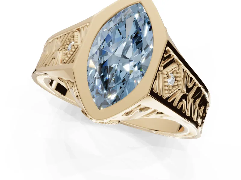 Marquise Vintage Bezel Engagement Ring Setting for a Fancy Blue Lab-Grown Diamond | Engraved Band | Yellow Gold