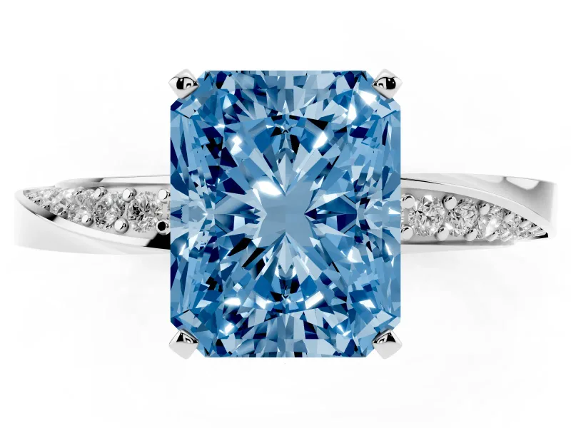 Fancy Blue Radiant Cut Diamond Engagement Ring Set in White gold with Side Stone Accents and Prong Setting