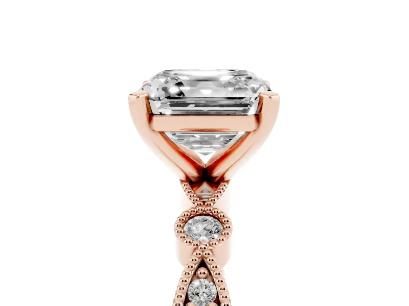 Asscher Cut Diamond Solitaire Engagement Ring Set in Rose gold with Milgrain Bezel Accent Band