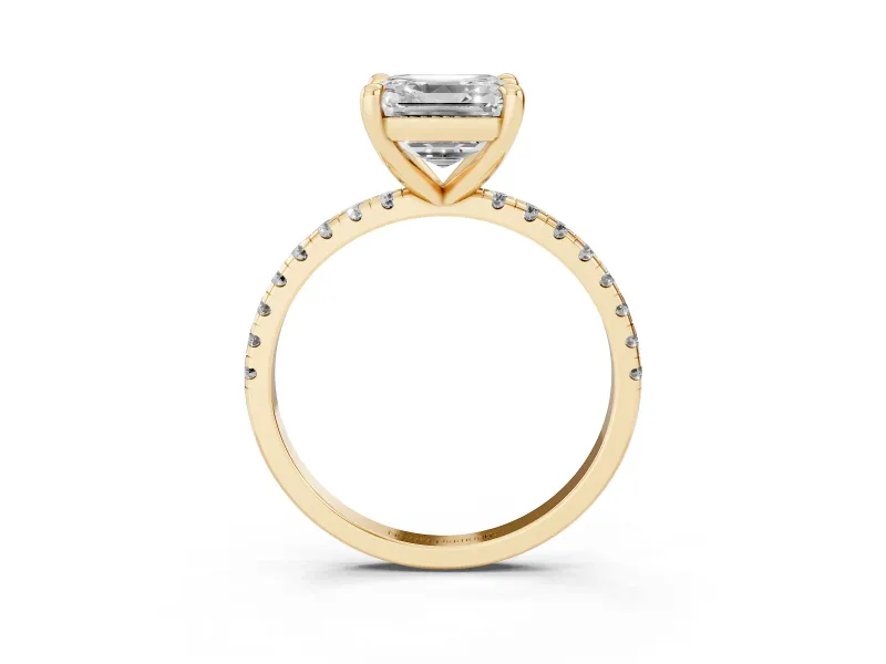 Asscher Cut Diamond Brilliant Solitaire Ring Set in Yellow gold with Pavé Band and Prong Setting