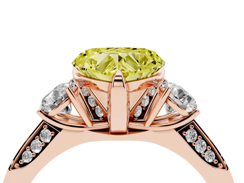 Heart-Shaped Hidden Halo Three Stone Engagement Ring Setting for a Fancy Yellow Lab-Grown Diamond | Rose Gold