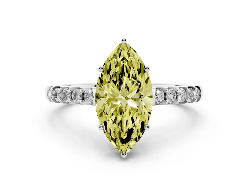 Fancy Yellow Marquise Cut Diamond Solitaire Engagement Ring Set in Platinum with Pavé Band and Prong Setting