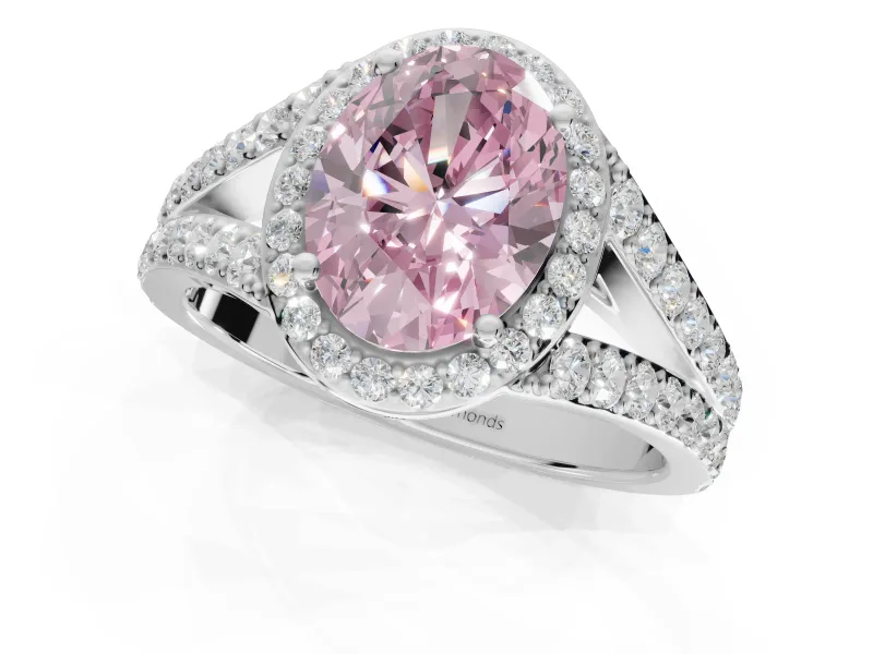 Oval Halo Pavé Engagement Ring Setting for a Fancy Pink Lab-Grown Diamond | Narrow Split Shank | Platinum
