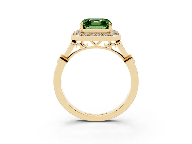 Asscher Cut Halo Engagement Ring Setting for a Fancy Green Lab-Grown Diamond | Bezel Station Shoulders | Yellow Gold