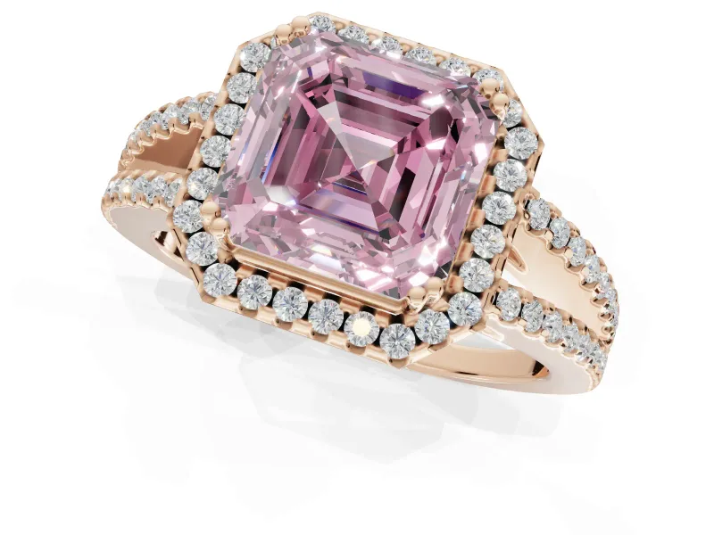 Asscher Cut Halo Split Shank Engagement Ring Setting for a Fancy Pink Lab-Grown Diamond | Pavé Shoulders | Rose Gold