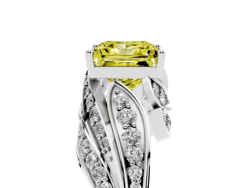Fancy Yellow Princess Cut Diamond Solitaire Ring Set in White gold with Layered Twist Pavé Band