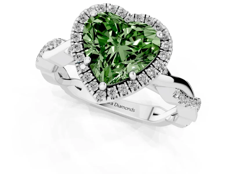 Fancy Green Heart Cut Diamond Halo Twisted Band Ring Set in Platinum with Prong Setting