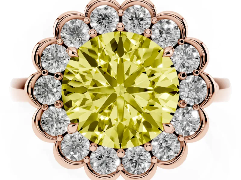 Round Scalloped Cluster Halo Engagement Ring Setting for a Fancy Yellow Lab-Grown Diamond | Plain Band | Rose Gold