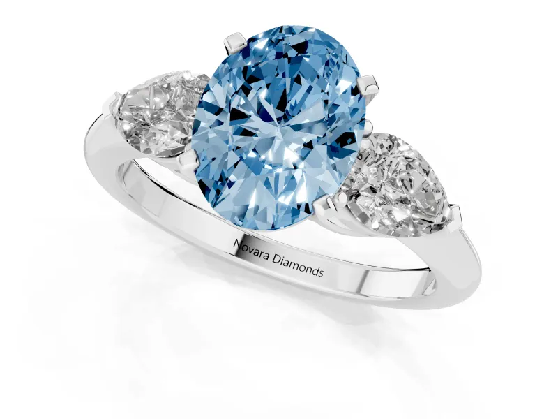 Oval Three-Stone Ring Setting for a Fancy Blue Lab-Grown Diamond | Pear Side Stones | Platinum