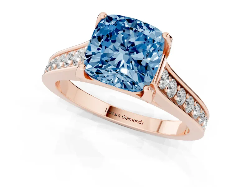 Fancy Blue Cushion Cut Diamond Solitaire Pavé Engagement Ring Set in Rose gold with Prong Setting