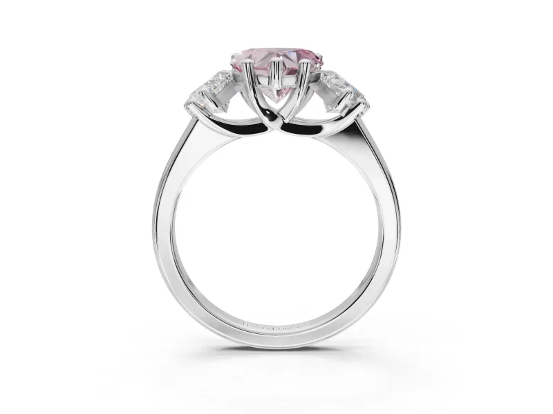 Heart-Shaped Three Stone Engagement Ring Setting for a Fancy Pink Lab-Grown Diamond | Tapered Band | White Gold