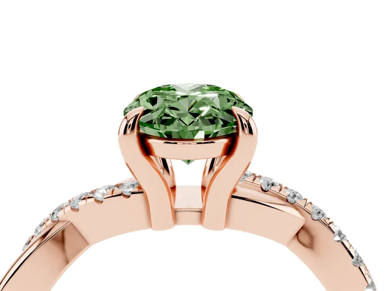 Fancy Green Oval Cut Diamond Twist Band Solitaire Set in Rose gold with Pavé Accents and Prong Setting