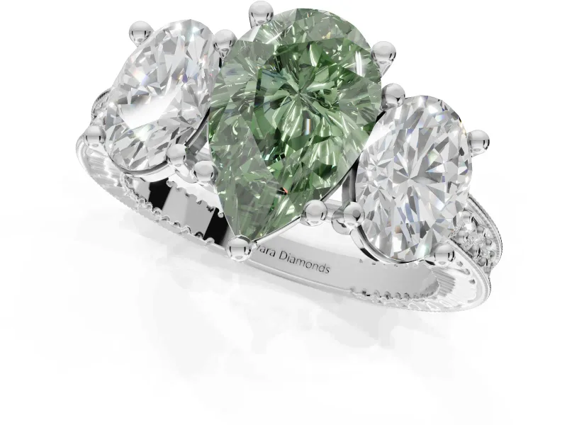 Pear-Shaped Vintage Three Stone Engagement Ring Setting for a Fancy Green Lab-Grown Diamond | Graduated Pavé | Platinum