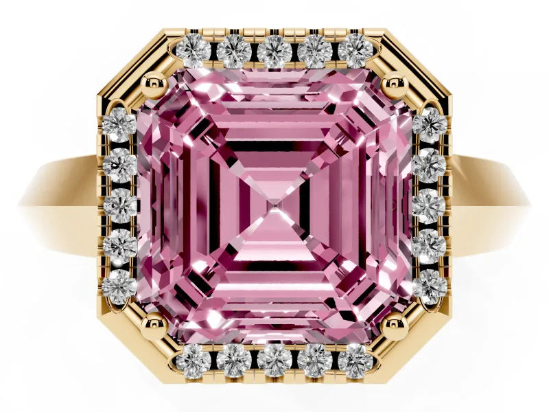 Asscher Cut Knife-Edge Halo Engagement Ring Setting for a Fancy Pink Lab-Grown Diamond | Yellow Gold
