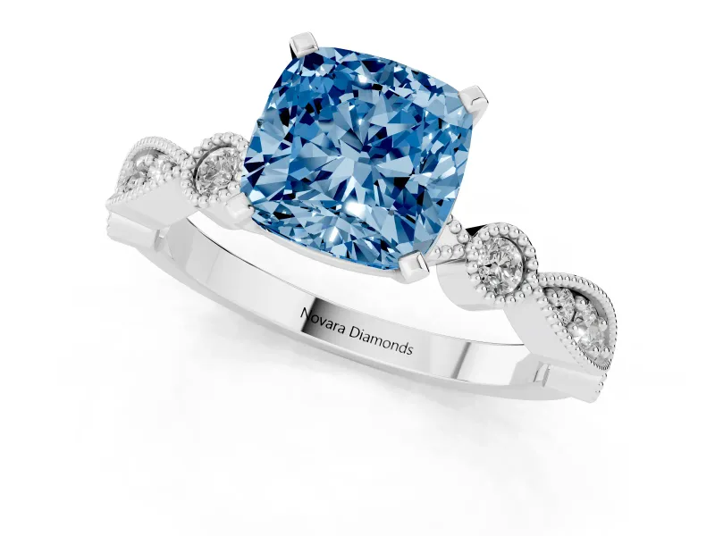 Fancy Blue Cushion Cut Diamond Solitaire Engagement Ring Set in Platinum with Milgrain Bezel Accent Band