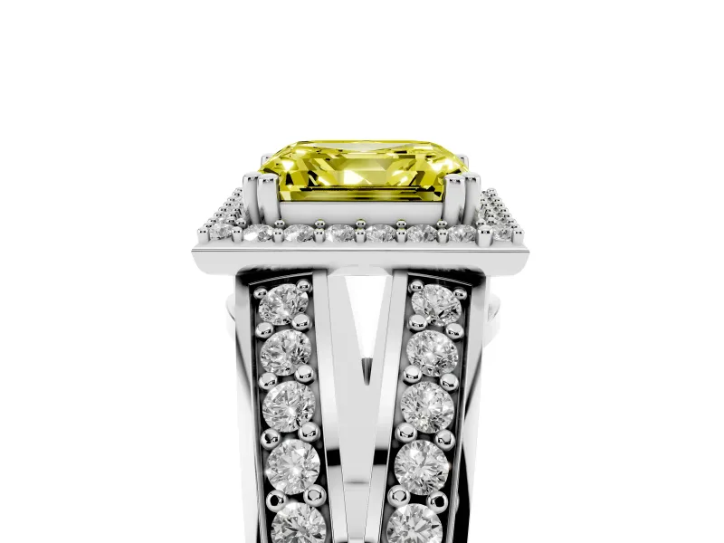 Asscher Cut Halo Engagement Ring Setting for a Fancy Yellow Lab-Grown Diamond | Two-Row Pave Split Shank | Platinum