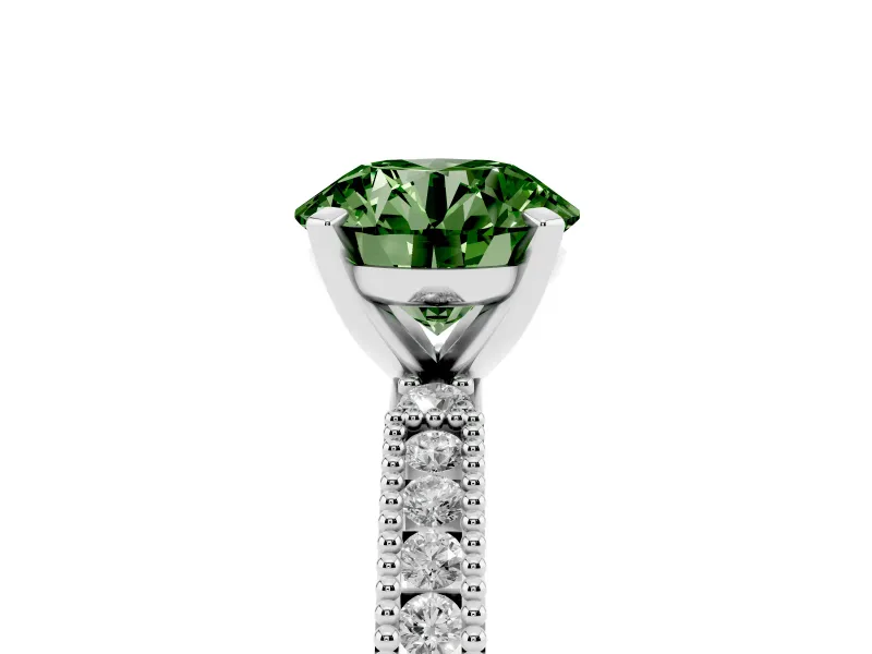 Fancy Green Round Cut Diamond Solitaire Ring Set in Platinum with Slim Pavé Band and Prong Setting