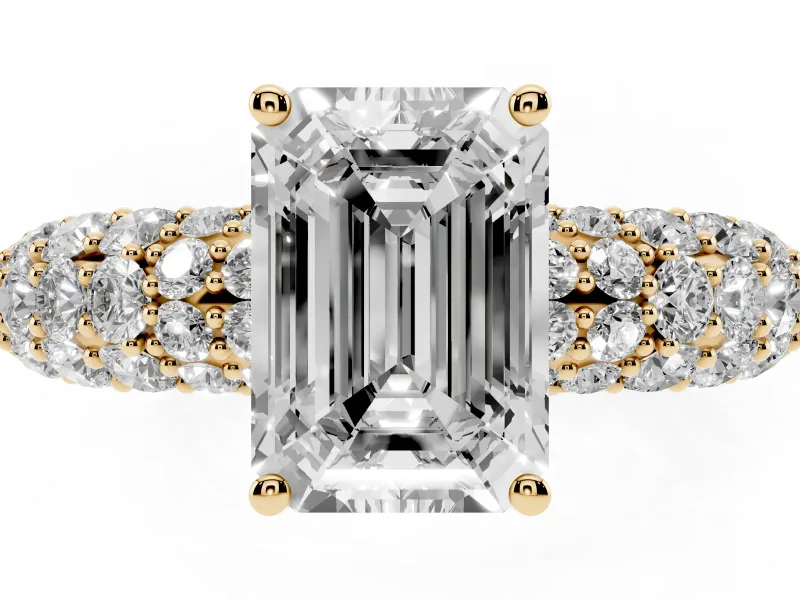 Emerald Cut Multi Row Pave Solitaire Engagement Ring Setting | Domed Shoulders | Yellow Gold