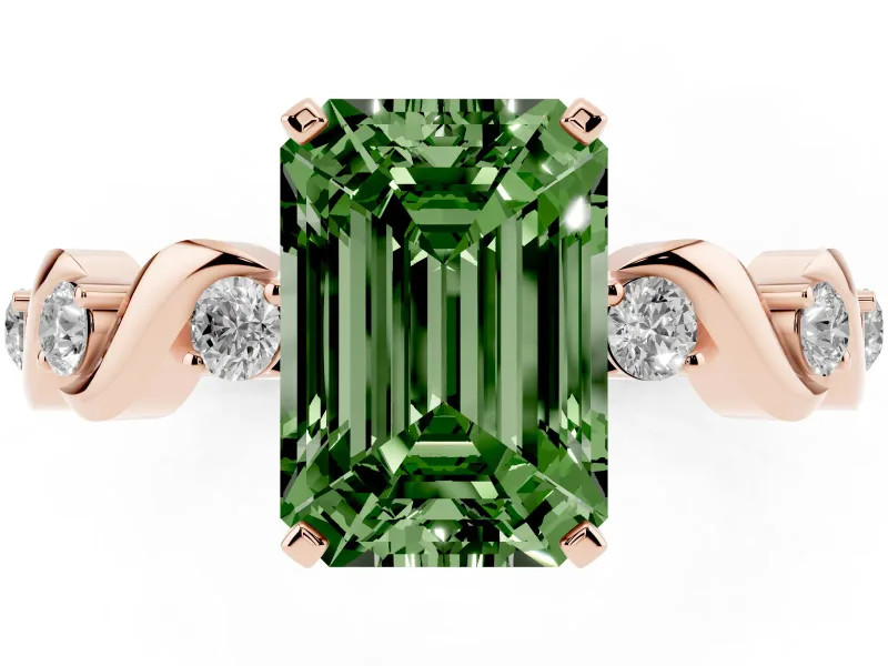 Fancy Green Emerald Cut Diamond Solitaire Ring Set in Rose gold with Ribbon Twist Band, Round Accents and Prong Setting