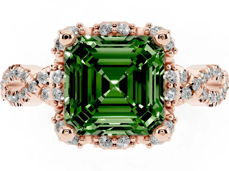 Asscher Cut Milgrain Halo Engagement Ring Setting for a Fancy Green Lab-Grown Diamond | Graduated Shoulders | Rose Gold