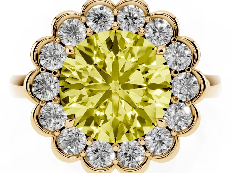 Round Scalloped Cluster Halo Engagement Ring Setting for a Fancy Yellow Lab-Grown Diamond | Plain Band | Yellow Gold