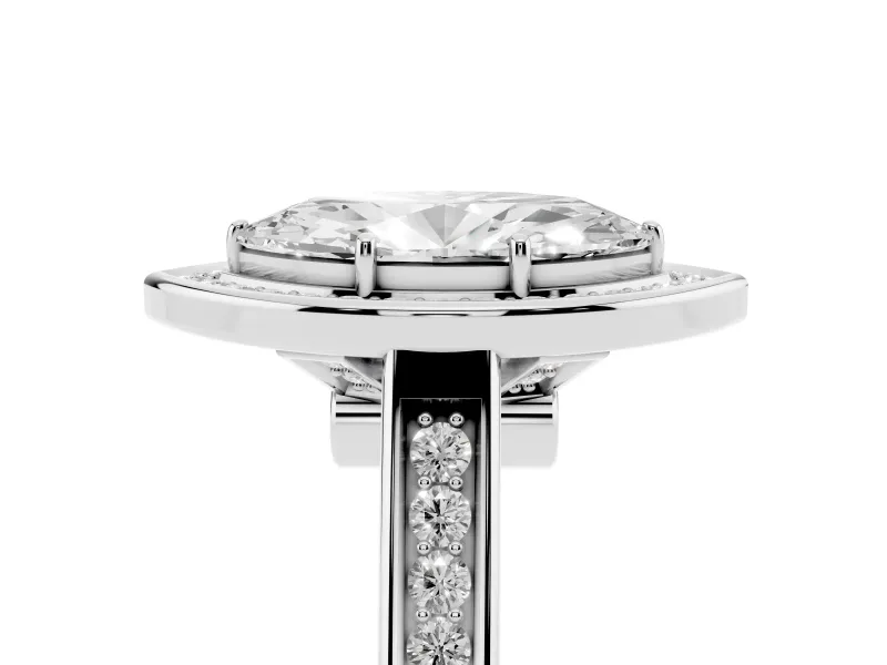 Marquise Cut Diamond Halo Solitaire Ring Set in Platinum with Pavé Band and Bezel Setting