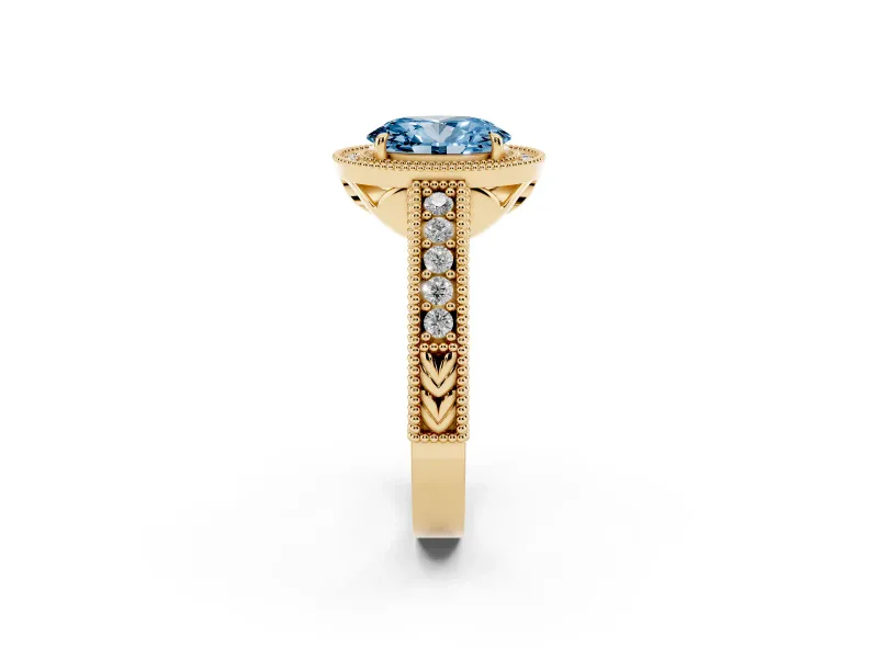 Fancy Blue Oval Cut Diamond Halo Ring Set in Yellow gold with Round Accent Halo, Pavé Band and Prong Setting
