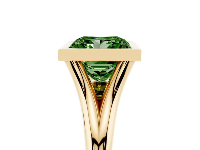 Fancy Green Bezel Set Princess Cut Diamond Solitaire Ring Set in Yellow gold with Tapered Band