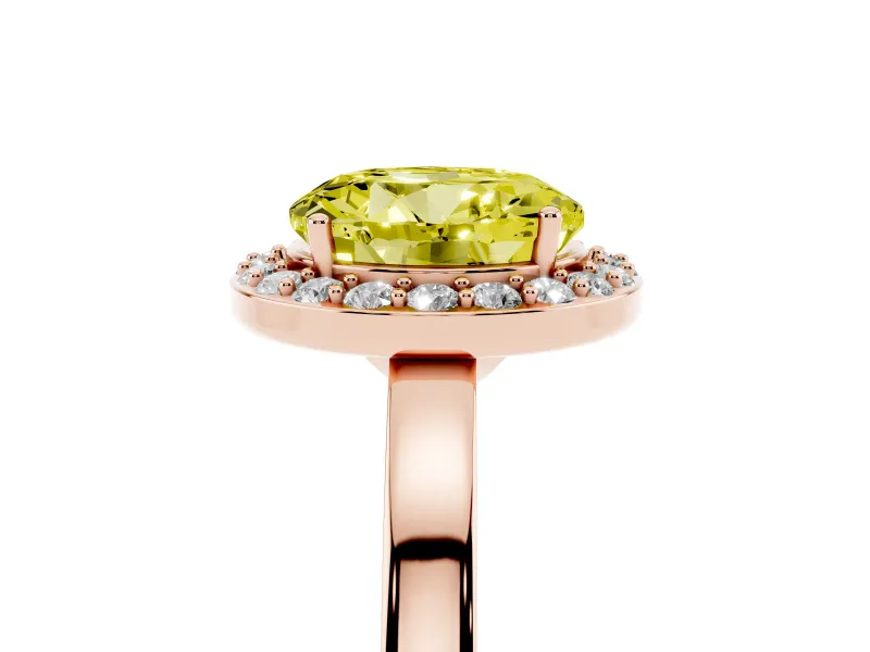 Fancy Yellow Round Cut Diamond Halo Ring Set in Rose gold with Solitaire Band and Prong Setting
