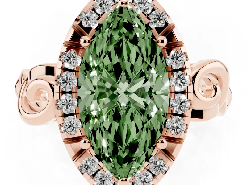 Fancy Green Marquise Cut Diamond Halo Ring Set in Rose gold with Scrollwork Band and Prong Setting