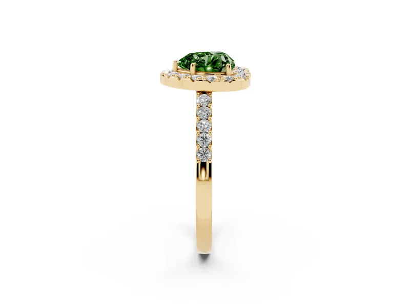 Fancy Green Heart Cut Diamond Halo Pavé Solitaire Ring Set in Yellow gold with Prong-Set Center Stone