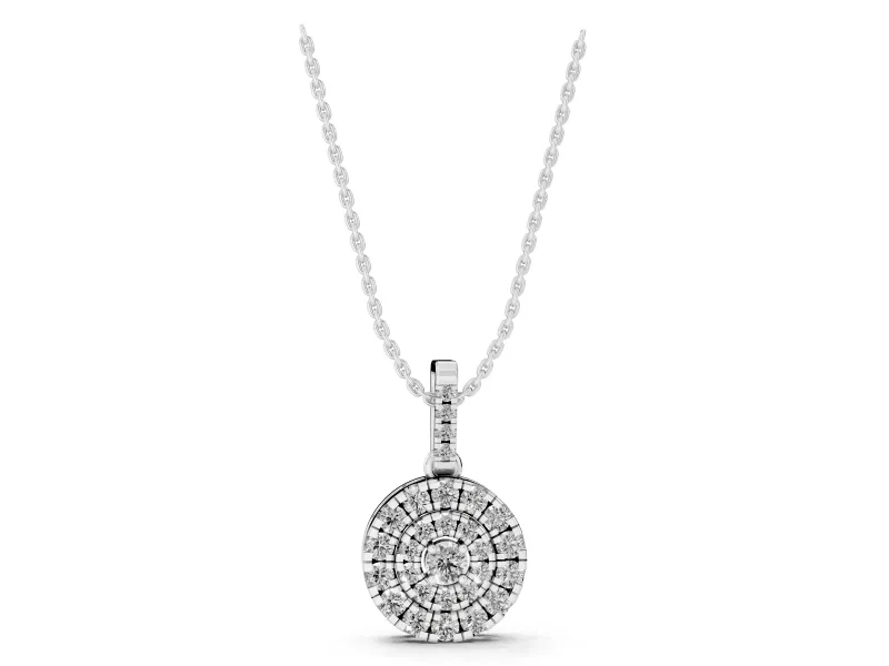 Round Lab-Grown Diamond Double Halo Disc Pendant Necklace | Pavé Bail | Sterling Silver