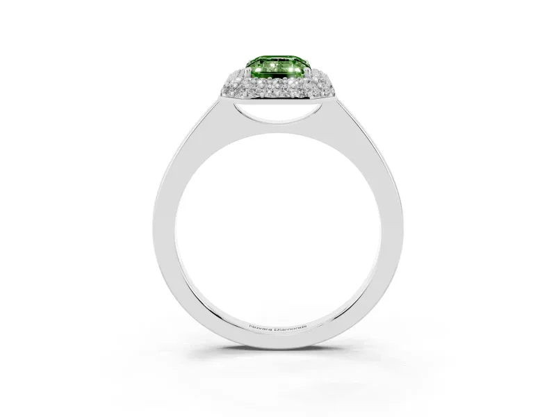 Fancy Green Emerald Cut Diamond Halo Engagement Ring Set in White gold with Solitaire Band and Prong Setting