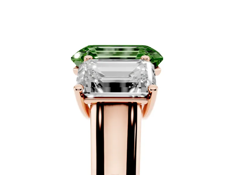 Emerald Cut Three Stone Engagement Ring Setting for a Fancy Green Lab-Grown Diamond | Basket Prong Heads | Rose Gold