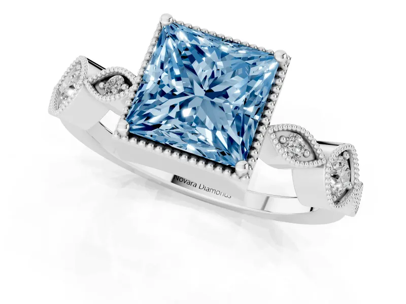 Fancy Blue Princess Cut Diamond Vintage-Inspired Milgrain Ring Set in Platinum with Marquise Stations of Round Accents