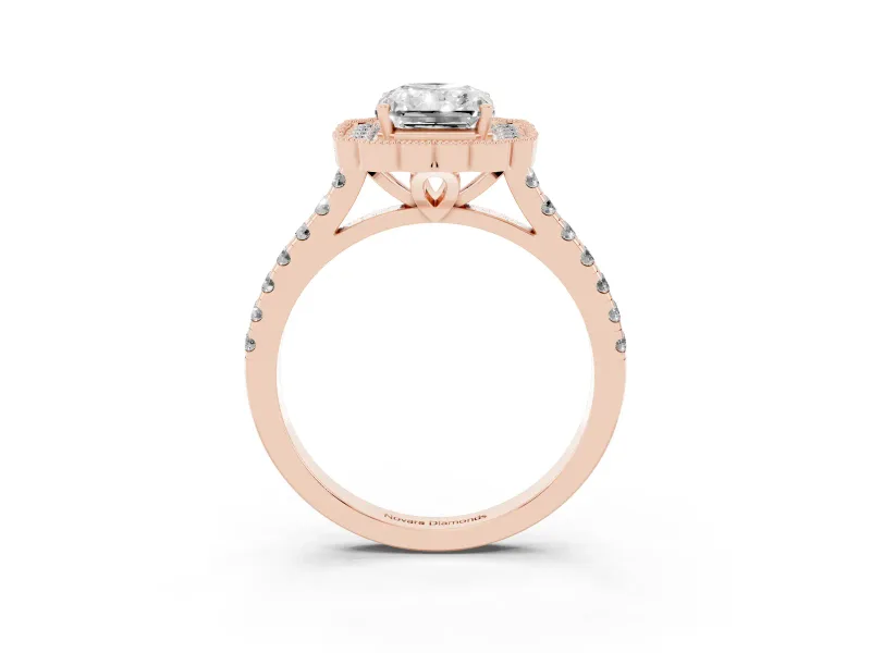 Radiant Cut Vintage Milgrain Floral Halo Engagement Ring Setting | Pavé Band | Rose Gold