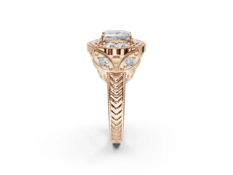 Princess Cut Vintage Floral Halo Engagement Ring Setting | Engraved Milgrain Band | Rose Gold